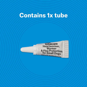 Tube of totalcare heartworm and flea protection for small dogs on a blue background at Pet Servo