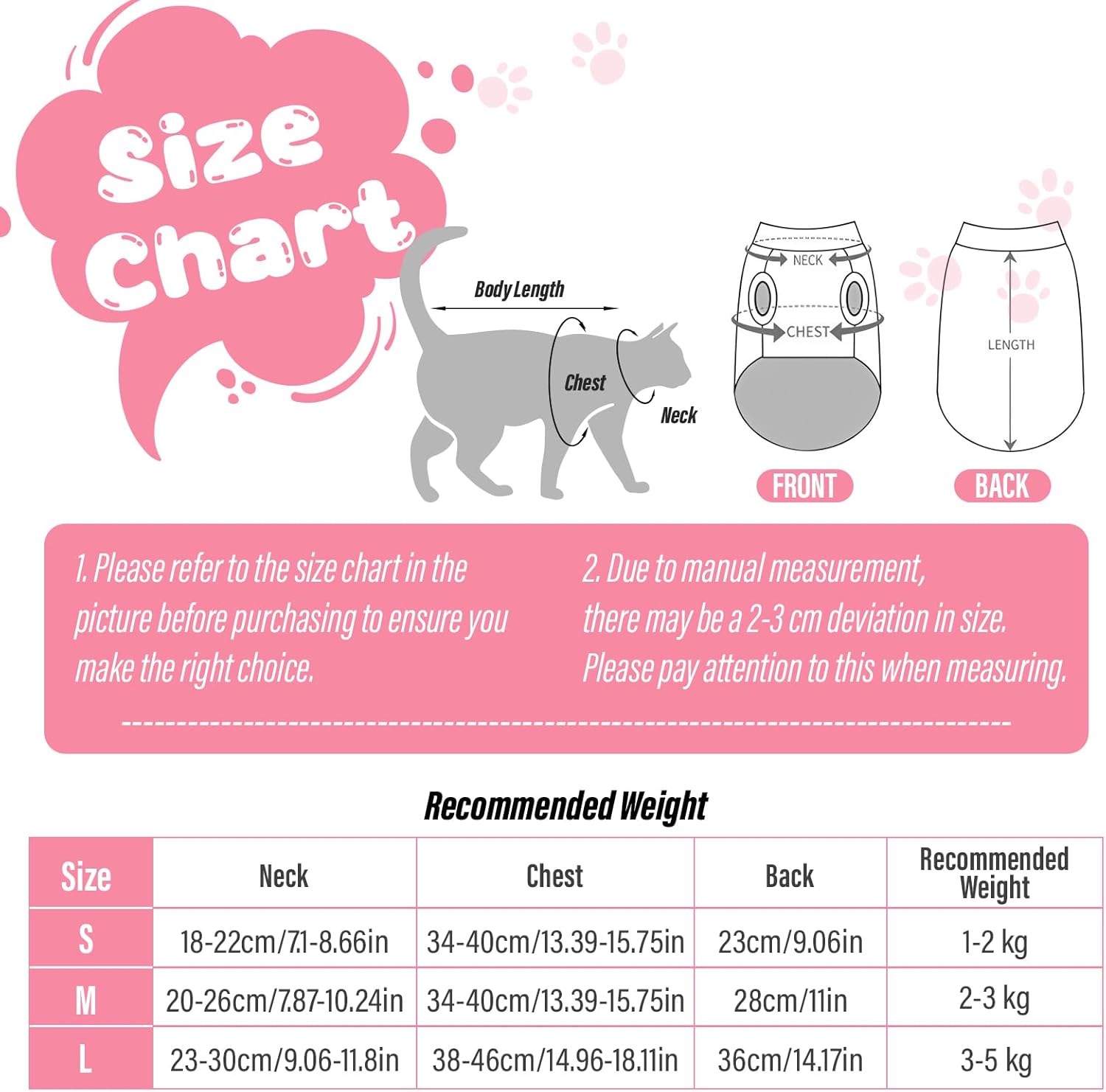 Cat size chart with measurements and recommended weights on a pink background at Pet Servo