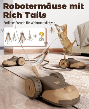 Robotic mice with rich tails for cats on a wooden floor, with text in German at Pet Servo