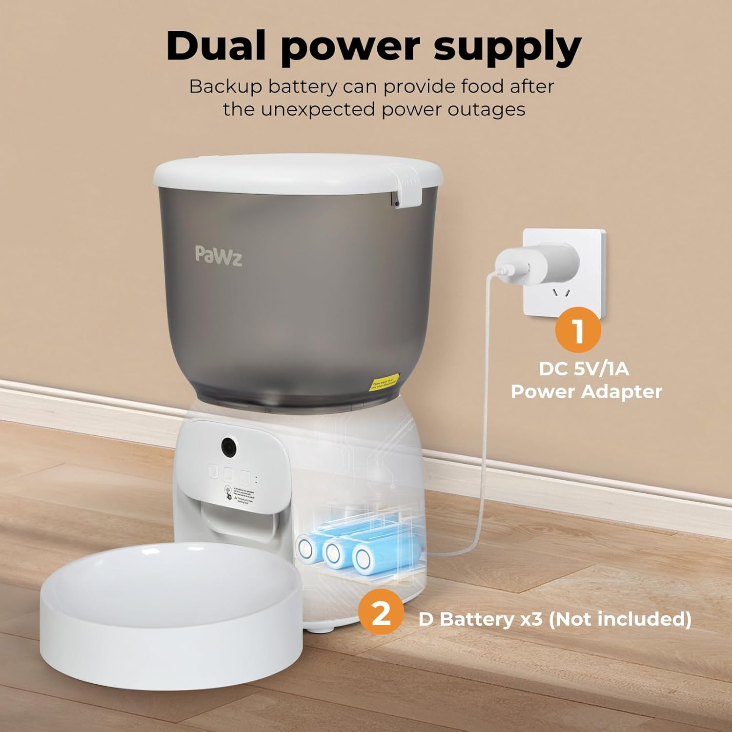 Pet food dispenser with dual power supply options on a wooden floor at Pet Servo