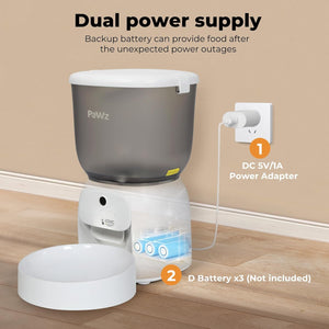 Pet food dispenser with dual power supply options on a wooden floor at Pet Servo