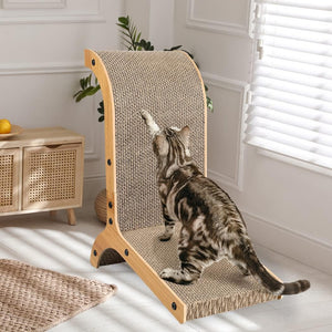 Cat using a wooden scratching post in a bright room with light-colored walls and a window at Pet Servo