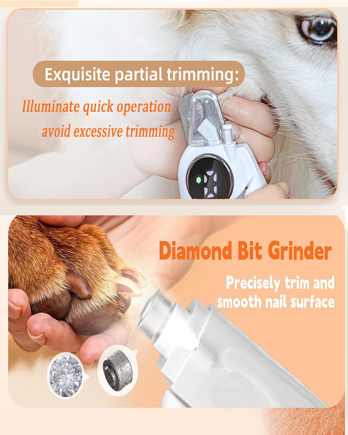 Pet nail trimming tool with diamond bit grinder being used on a dog's paw at Pet Servo