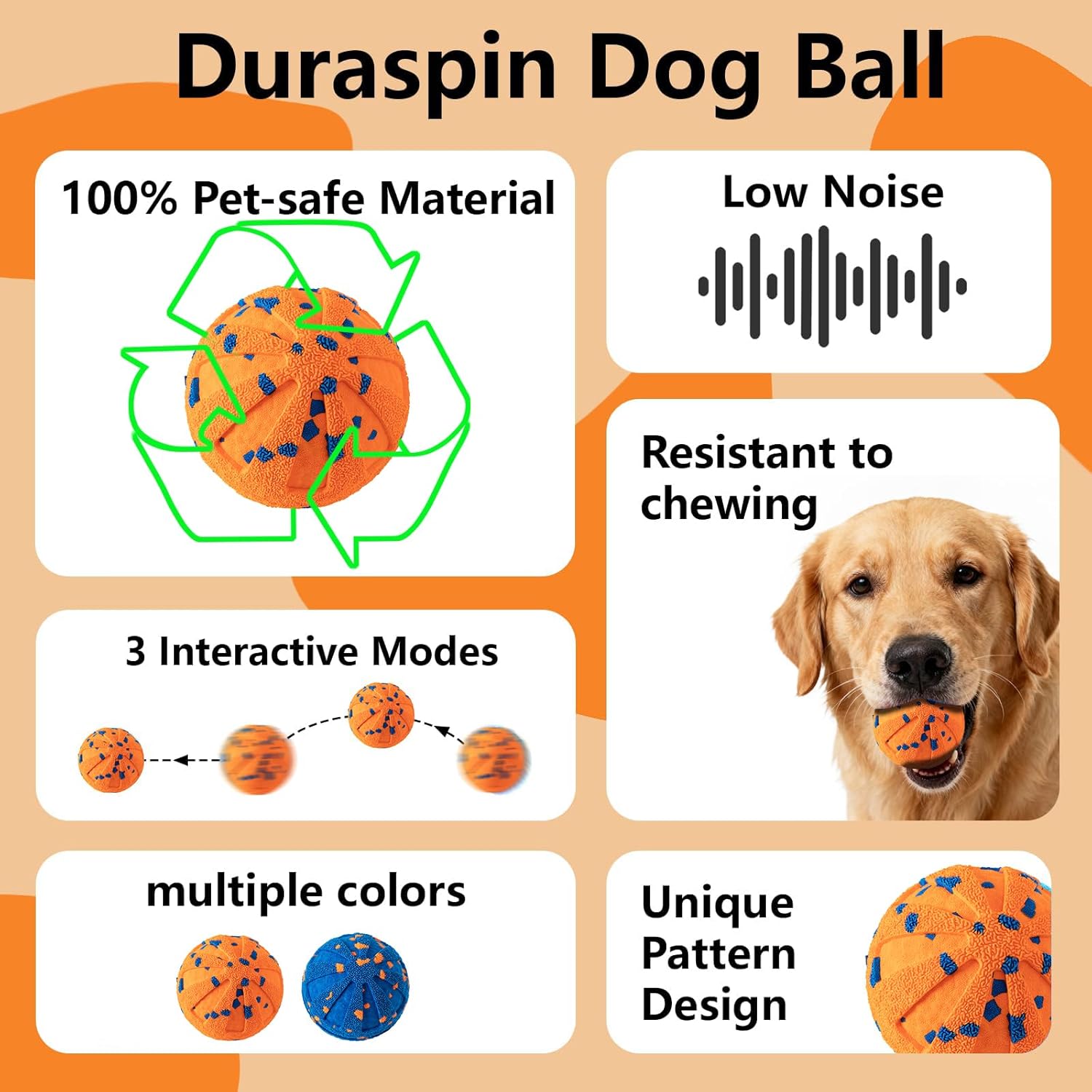 Duraspin Dog Ball with features listed on an orange and beige background at Pet Servo