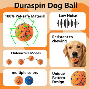 Duraspin Dog Ball with features listed on an orange and beige background at Pet Servo