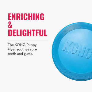 Blue KONG Puppy Flyer with text about its benefits on a white background at Pet Servo