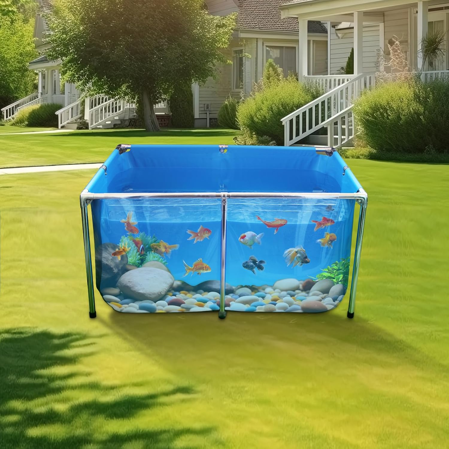 Children's pool with fish and underwater scene on a grassy lawn at Pet Servo