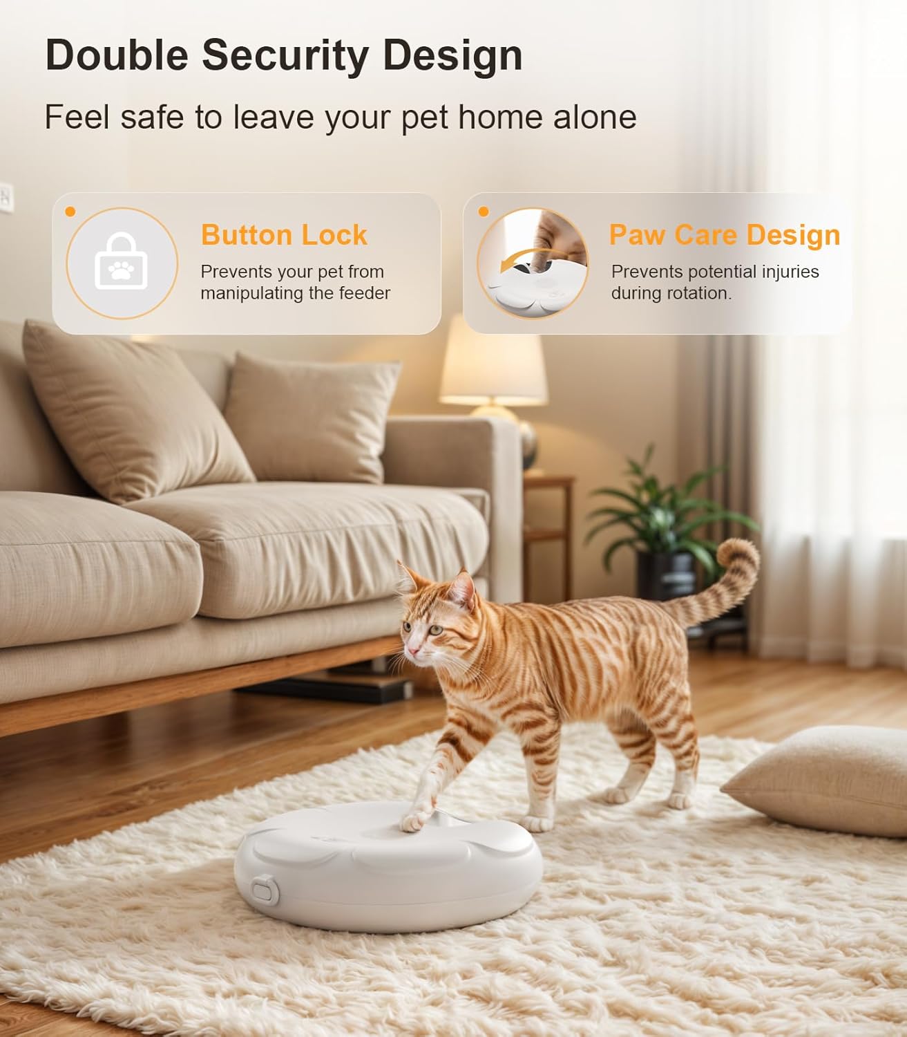 Cat interacting with a pet feeder in a living room setting, emphasizing safety features at Pet Servo