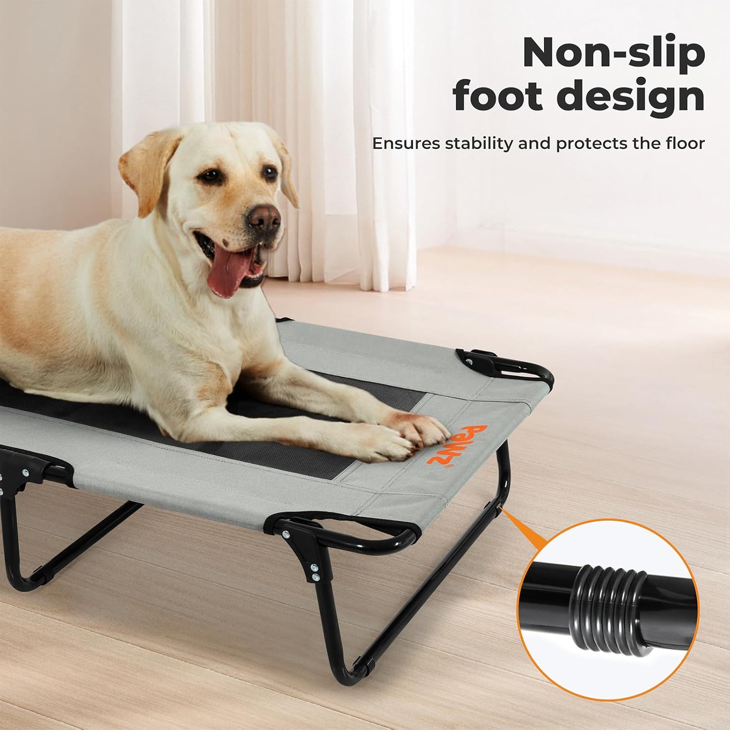 Dog lying on a portable pet bed with non-slip foot design feature highlighted at Pet Servo