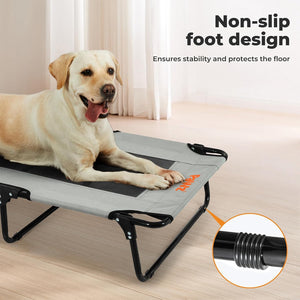 Dog lying on a portable pet bed with non-slip foot design feature highlighted at Pet Servo