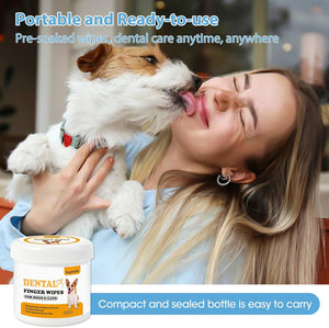 Woman holding a dog with a container of dental wipes, text about product features at Pet Servo