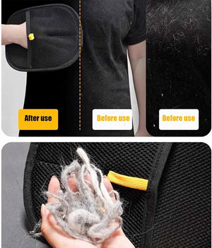 Before and after use of a black pet grooming mitt with collected fur at Pet Servo