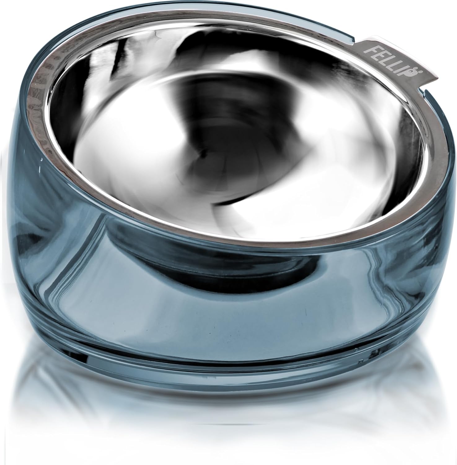 Stainless steel pet bowl with blue exterior on a white background at Pet Servo