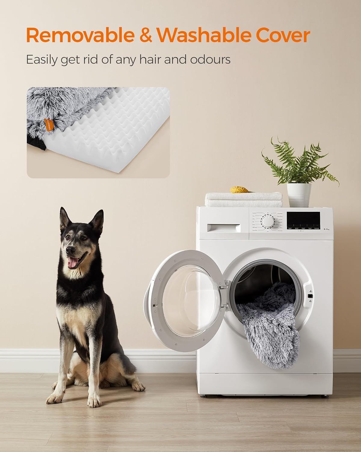 Dog sitting next to a washing machine with a removable cover, text 'Removable & Washable Cover' displayed at Pet Servo