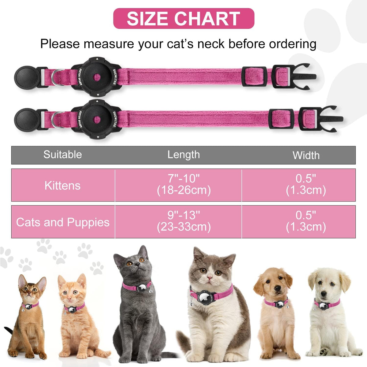 Cat collars with size chart for kittens and cats/puppies on a white background at Pet Servo