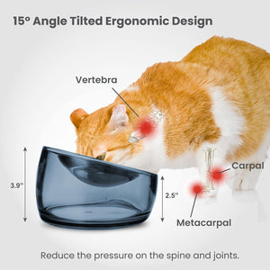 An orange and white cat is shown drinking from a dark translucent blue-gray elevated bowl. The image includes explanatory text and callouts about vertebral and carpal support, plus dimension arrows indicating bowl height and joint support spacing, so this is primarily an auxiliary explanatory image rather than a clean product-only shot at Pet Servo