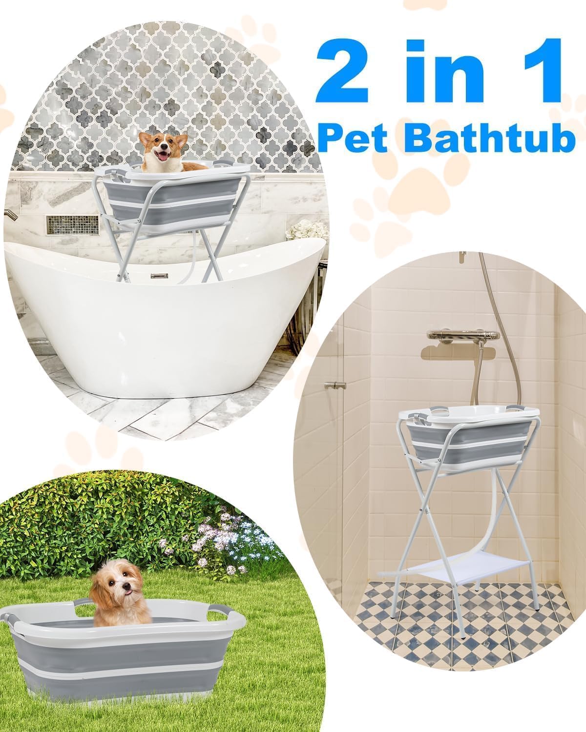 2-in-1 pet bathtub with images of a dog using it indoors and outdoors at Pet Servo