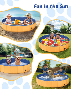 Collage of a portable inflatable pool being used by children, dogs, and with balls in a garden setting at Pet Servo