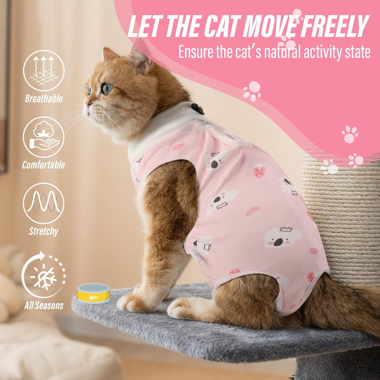 Cat wearing a pink harness with text and icons indicating features on a pink background at Pet Servo