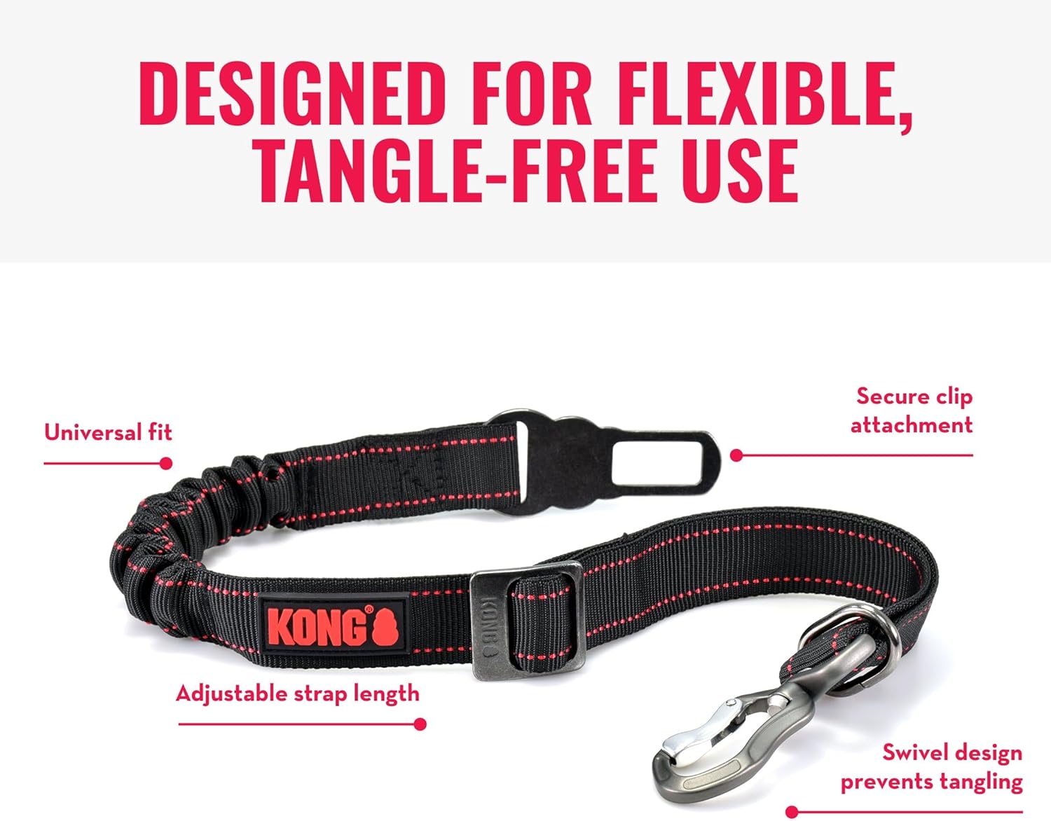 KONG pet collar shown on a white background with marketing text and callouts explaining features like universal fit, secure clip attachment, adjustable strap length, and swivel design preventing tangling at Pet Servo