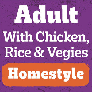A purple graphic with white text reading 'Adult With Chicken, Rice & Vegies' and an orange banner at the bottom reading 'Homestyle'.