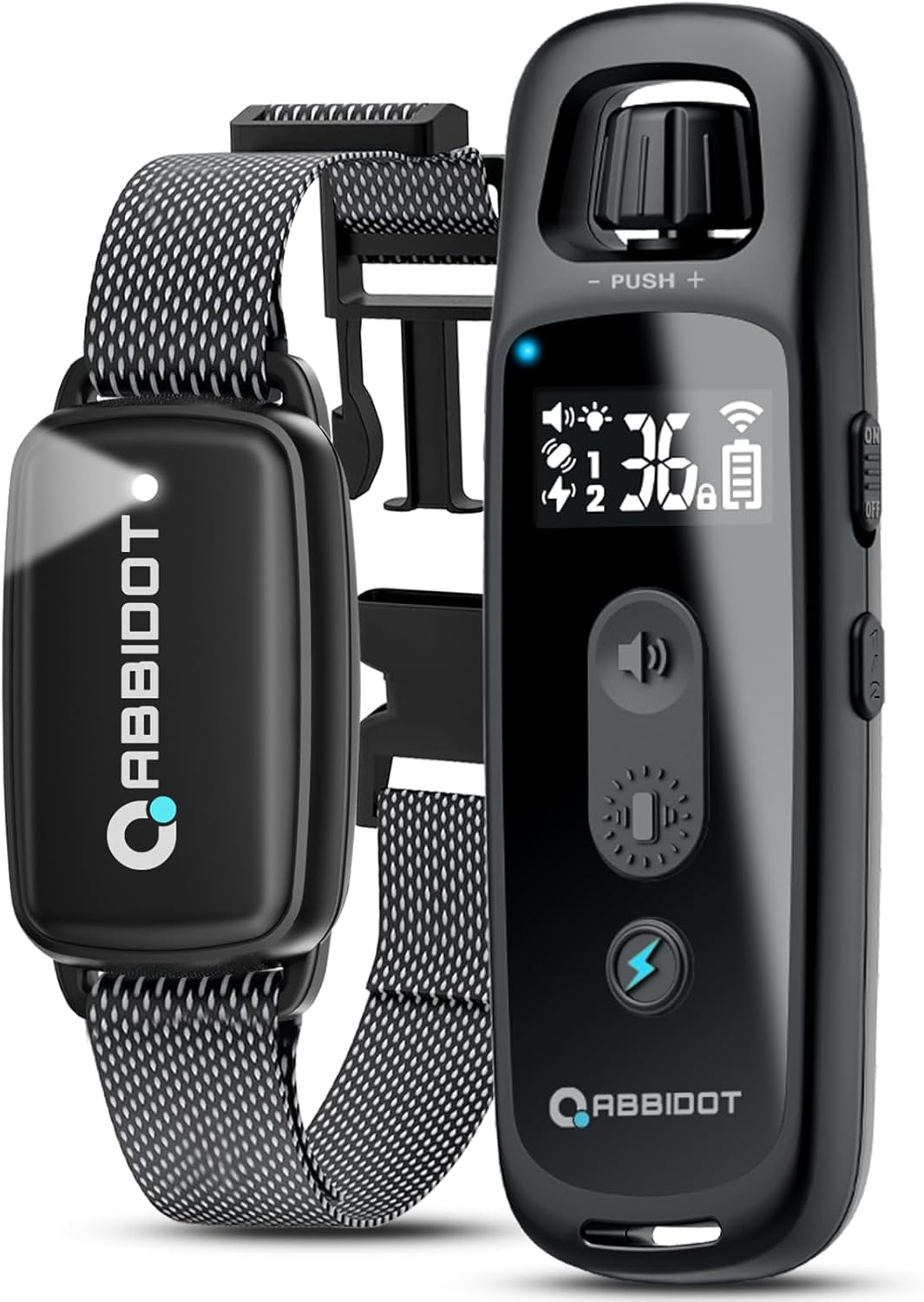 Dog training collar with remote and display screen on a white background at Pet Servo
