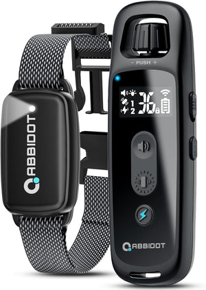 Dog training collar with remote and display screen on a white background at Pet Servo