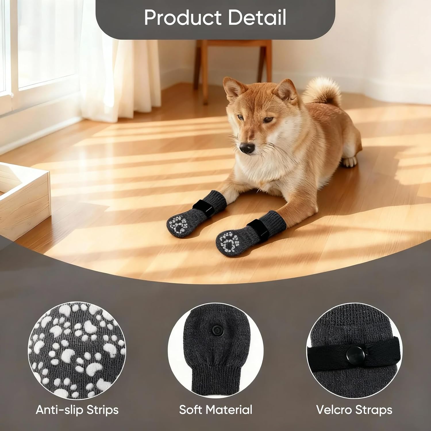 Dog wearing black pet shoes with anti-slip strips, soft material, and velcro straps on a wooden floor at Pet Servo