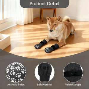 Dog wearing black pet shoes with anti-slip strips, soft material, and velcro straps on a wooden floor at Pet Servo