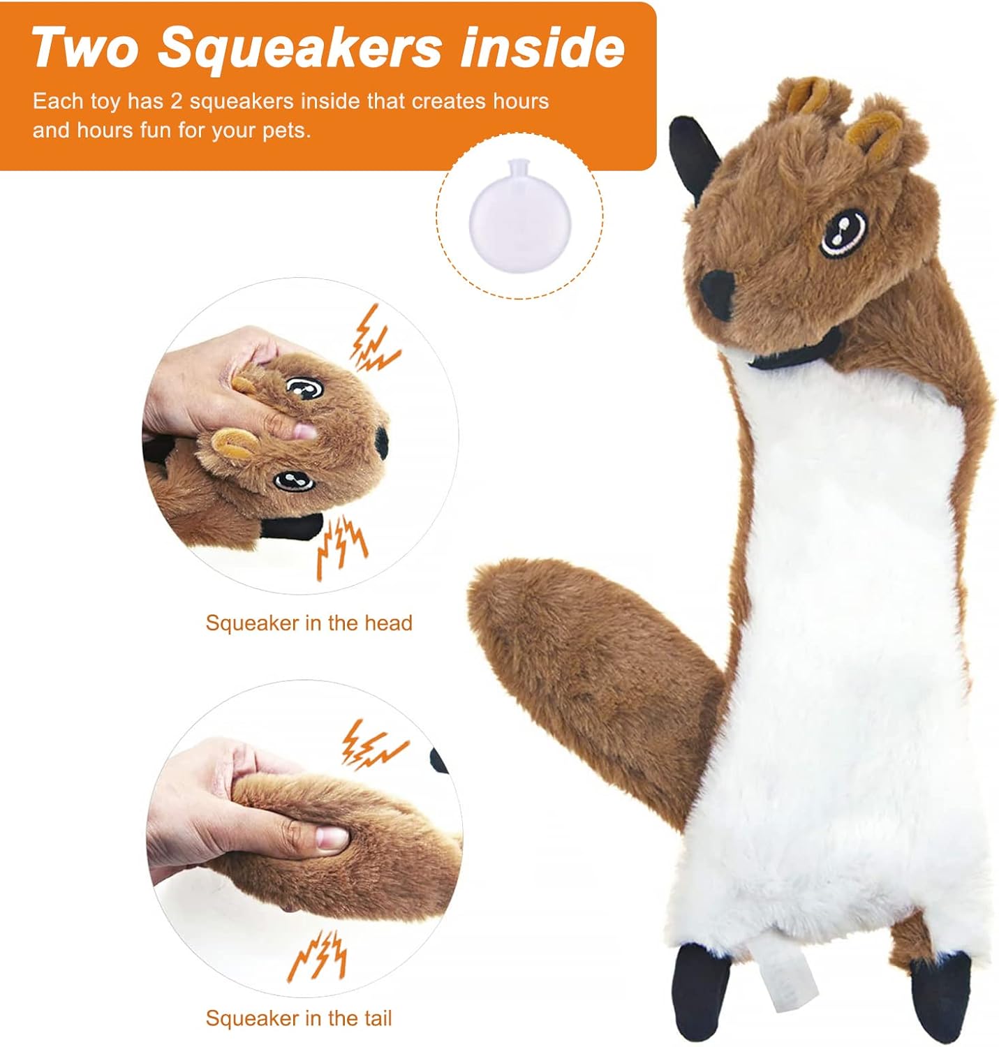 Plush squirrel toy with two squeakers inside, designed for pets at Pet Servo