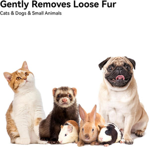 Group of cats, dogs, and small animals on a white background with text about fur removal at Pet Servo