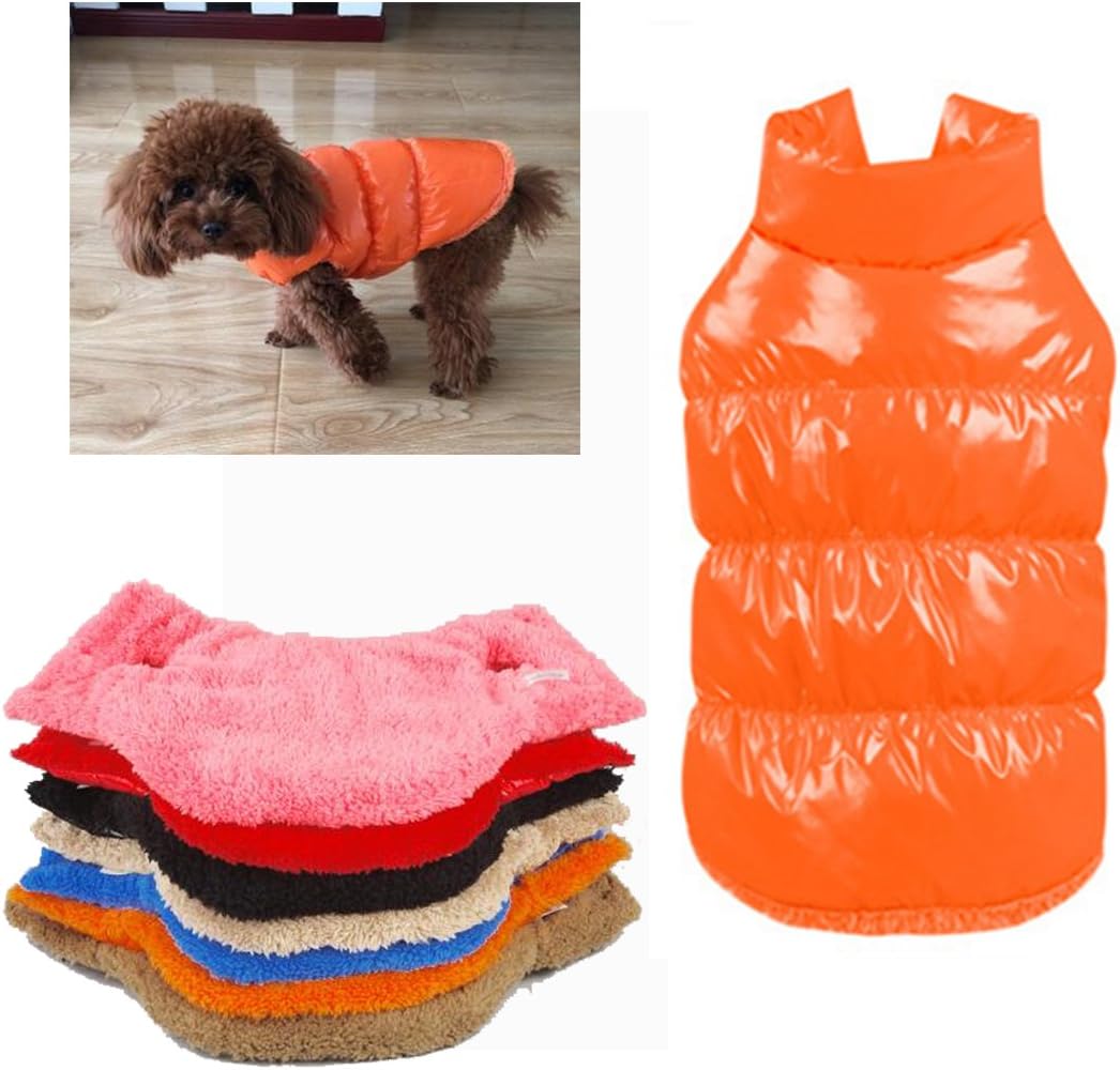 Dog wearing an orange puffer vest with a stack of similar vests below on a white background at Pet Servo