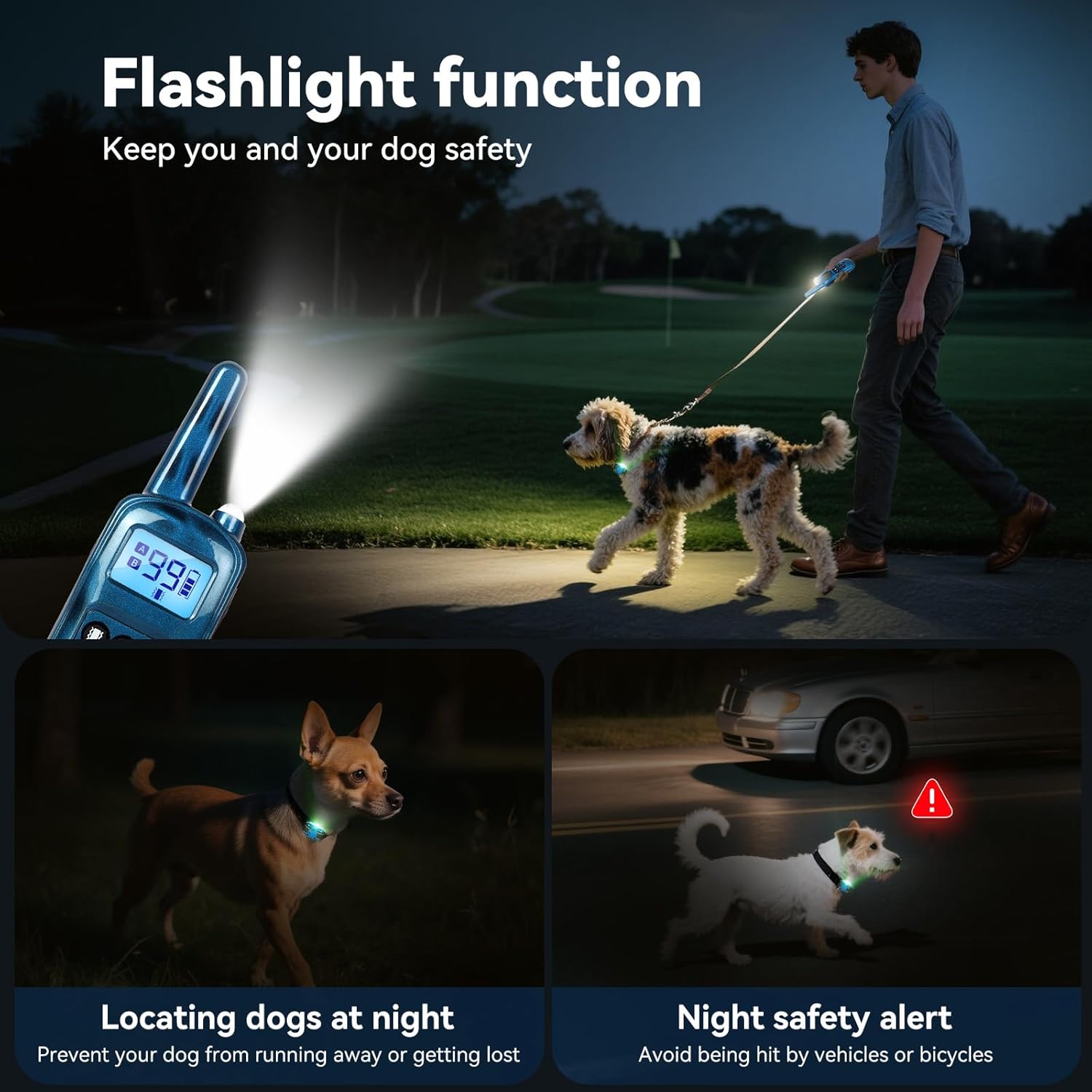 Dog flashlight with features for locating dogs at night and providing safety alerts at Pet Servo