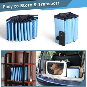 Foldable pet carrier with storage and car use examples on a white background at Pet Servo