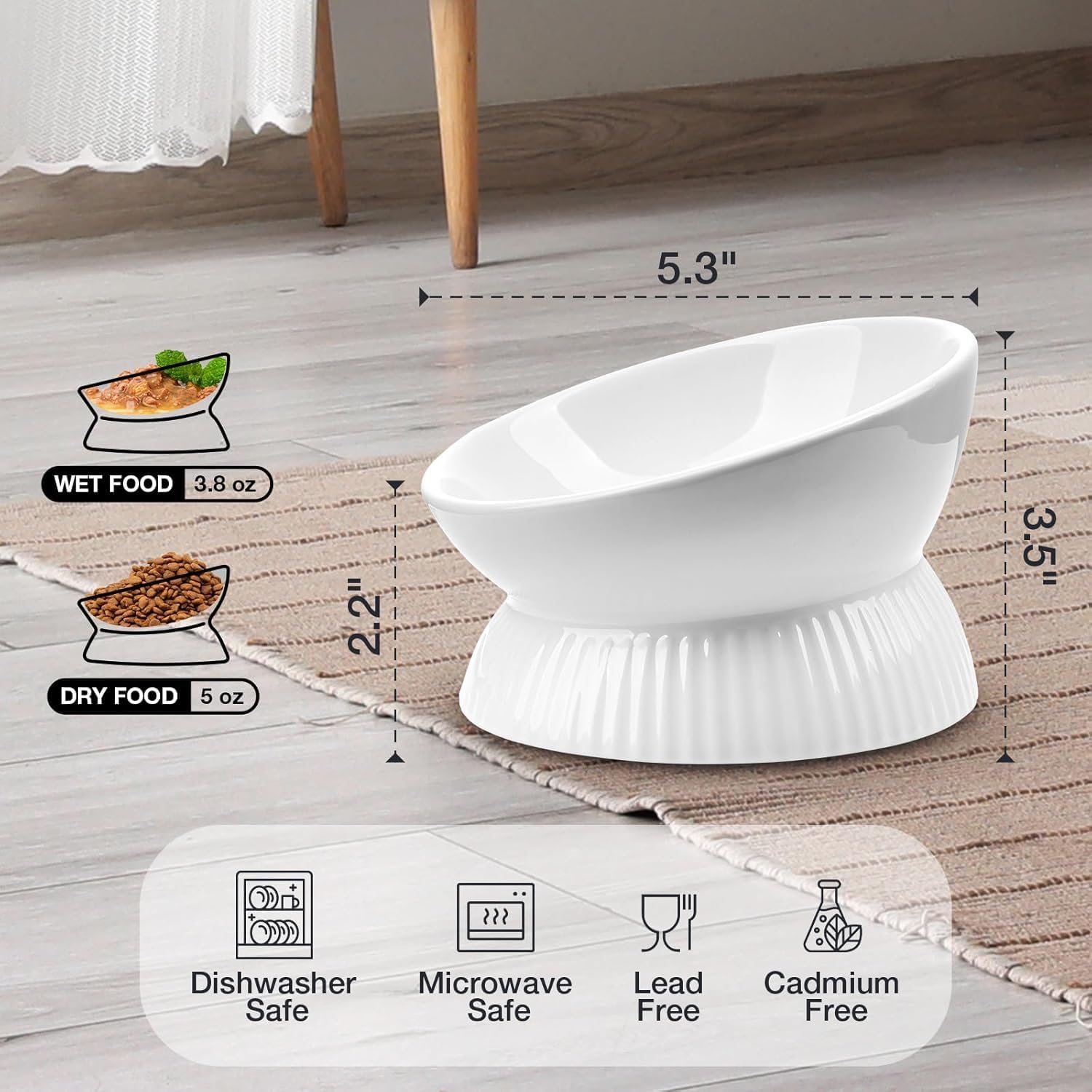White pet food bowl with measurements and safety features on a wooden floor at Pet Servo