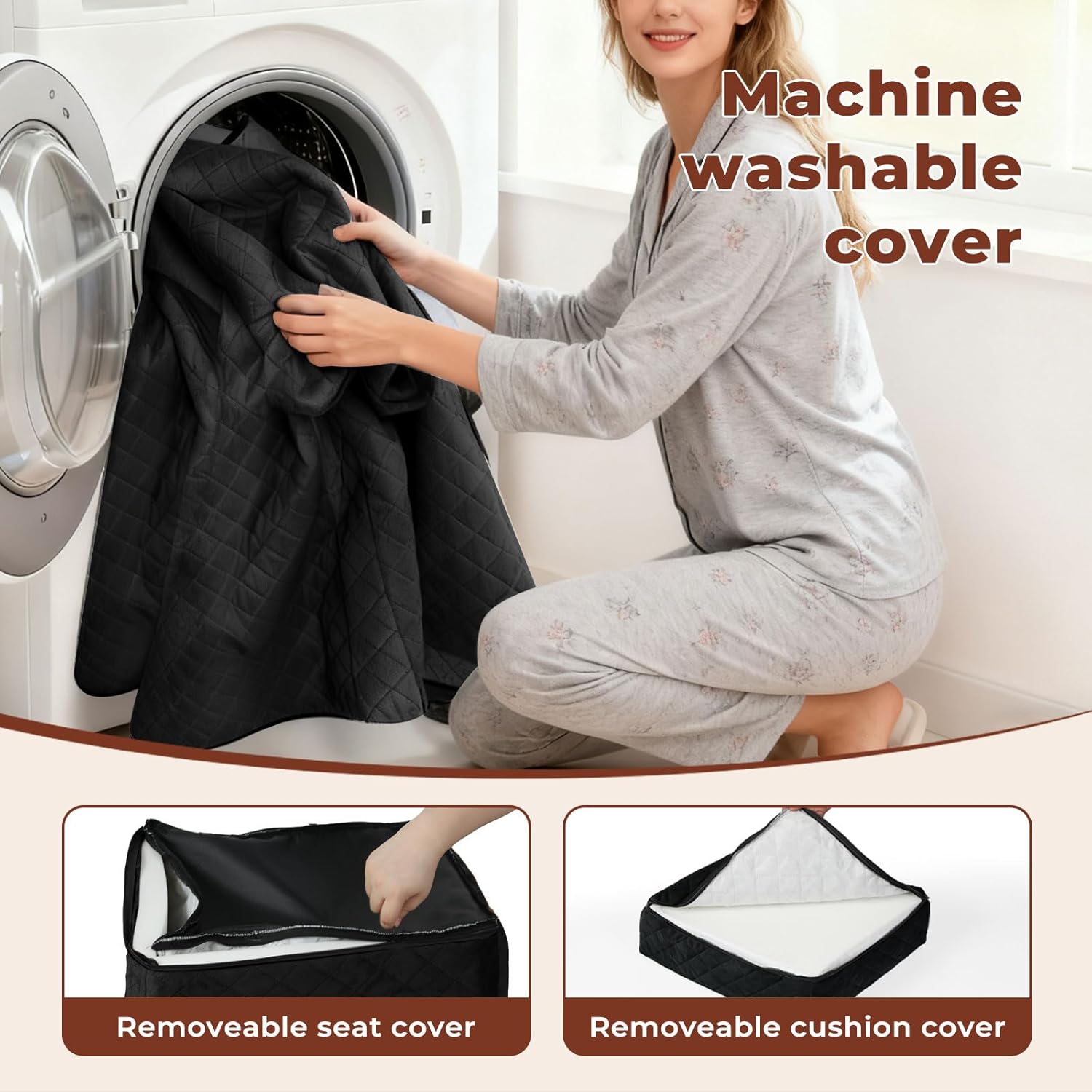 Woman putting a black cover into a washing machine with text 'Machine washable cover' and inset images of a removeable seat cover and cushion cover at Pet Servo