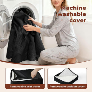 Woman putting a black cover into a washing machine with text 'Machine washable cover' and inset images of a removeable seat cover and cushion cover at Pet Servo