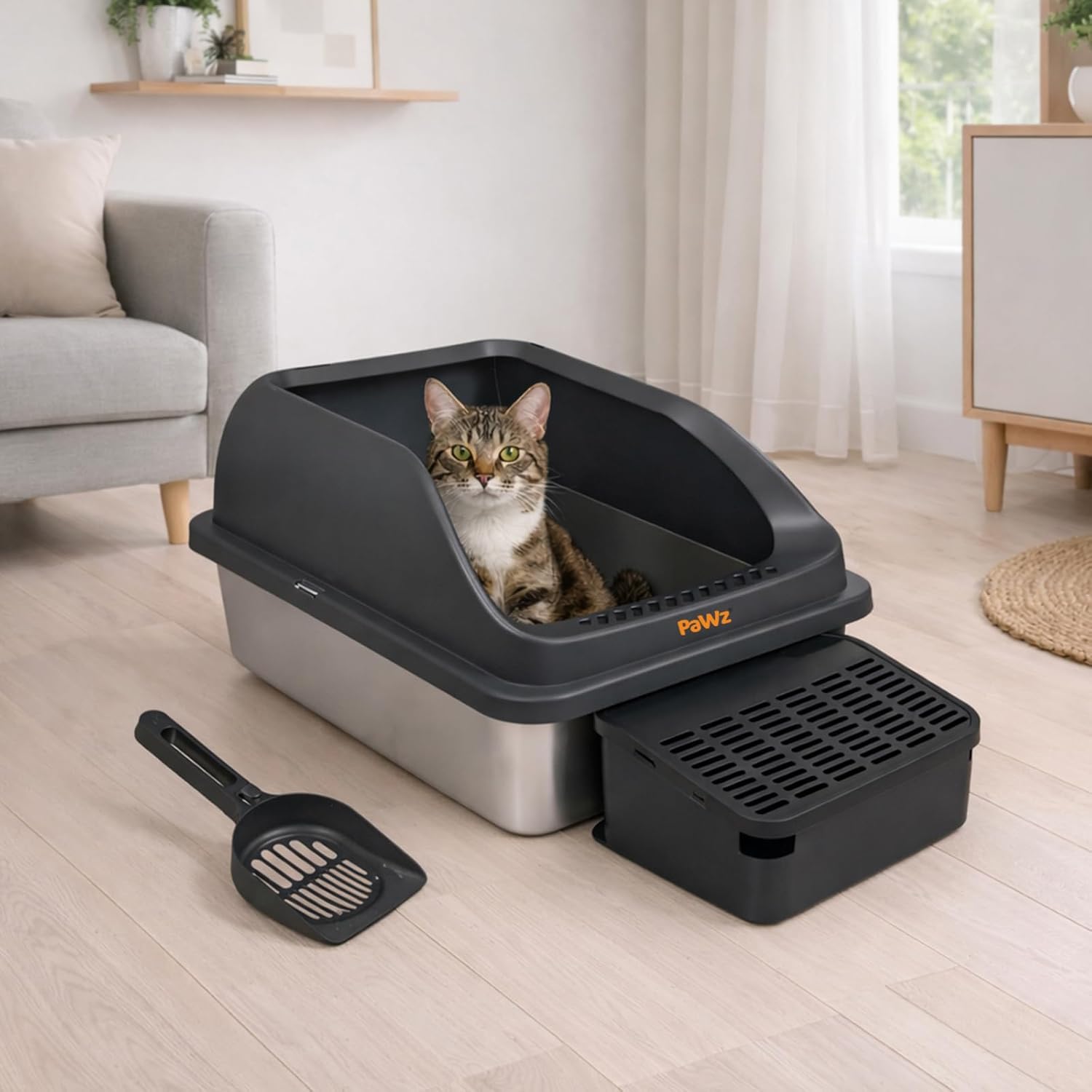 Pawz - 74.4L Anti-Urine Leakage Extra-Large Stainless-Steel Litter Box with Lid for Big Cats at Pet Servo