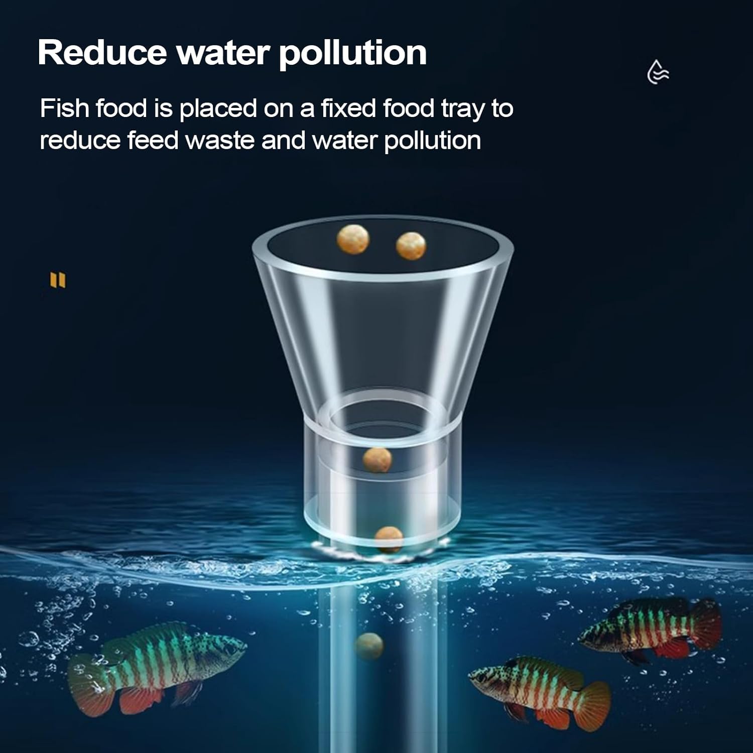 Fish food dispenser with fish and text about reducing water pollution at Pet Servo