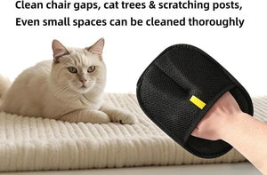 Cat lying on a textured surface with a black cleaning tool held by a hand, text about cleaning cat furniture at Pet Servo