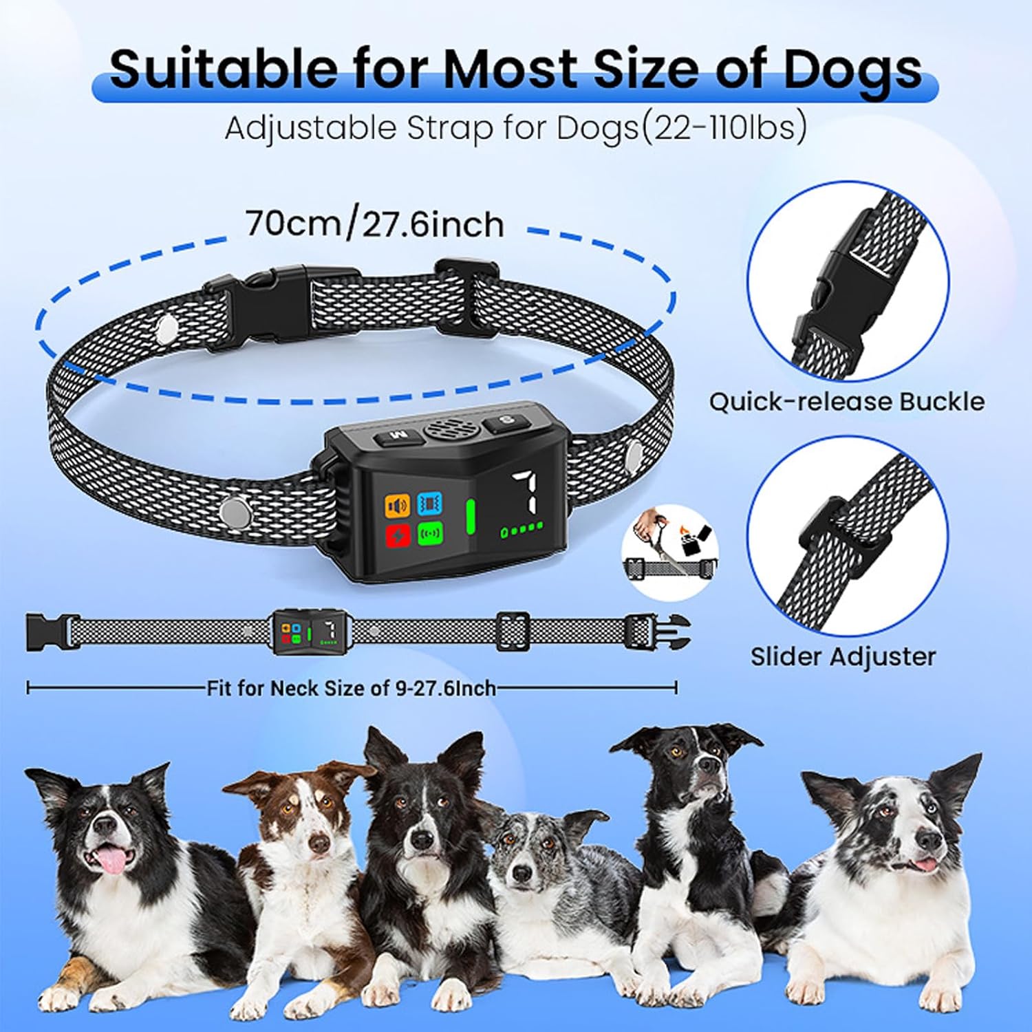 Dog collar with electronic device, adjustable strap, and features highlighted on a blue background at Pet Servo