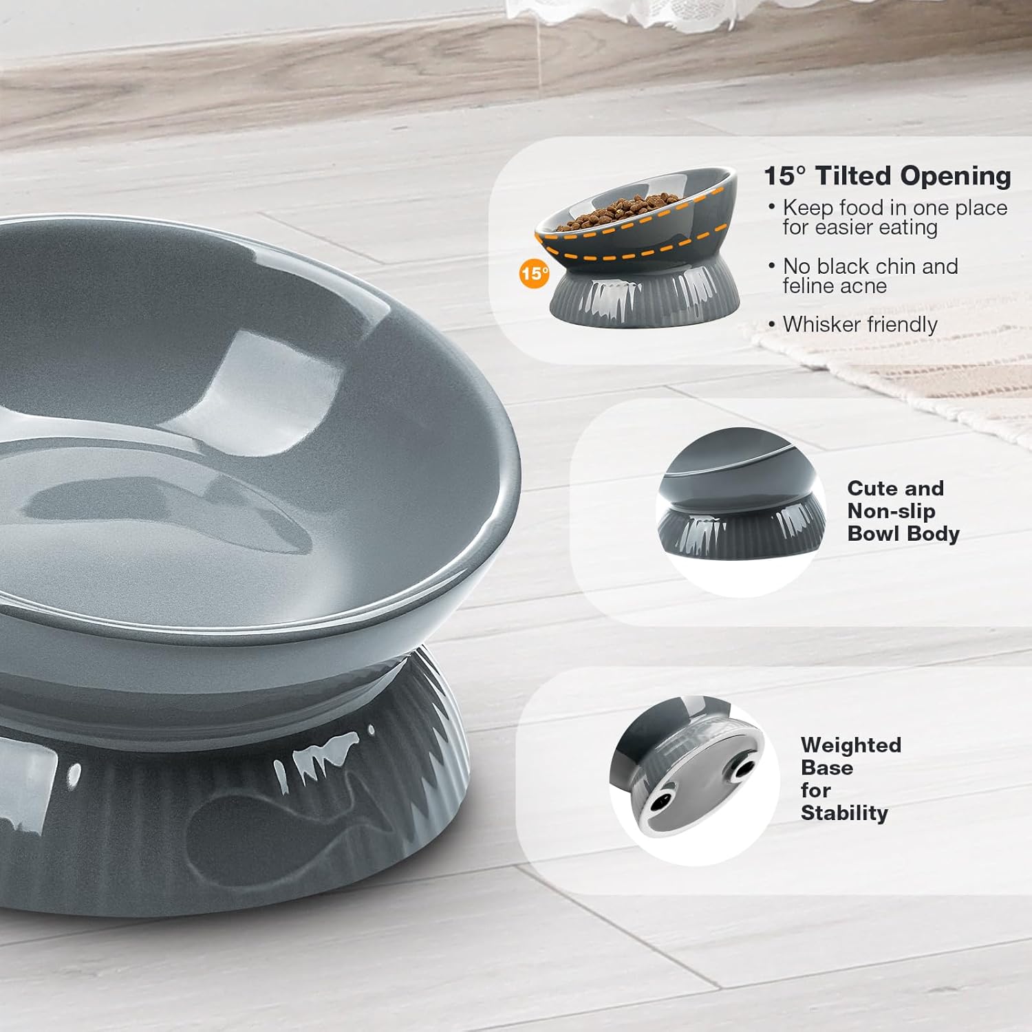 Gray elevated pet feeder on a light wooden floor with features highlighted at Pet Servo