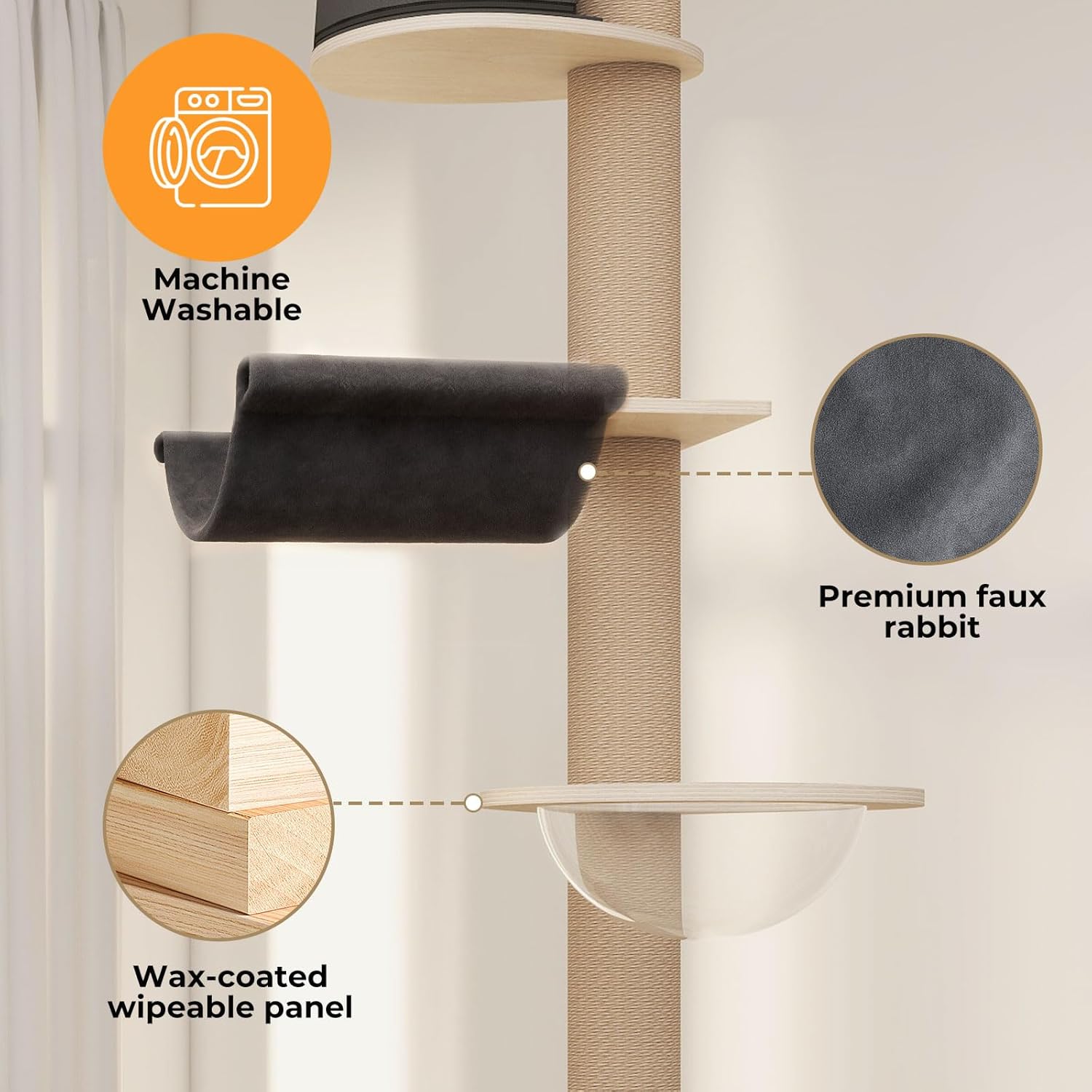 Cat tree with features highlighted, including machine washable cushion, premium faux rabbit, and wax-coated wipeable panel at Pet Servo