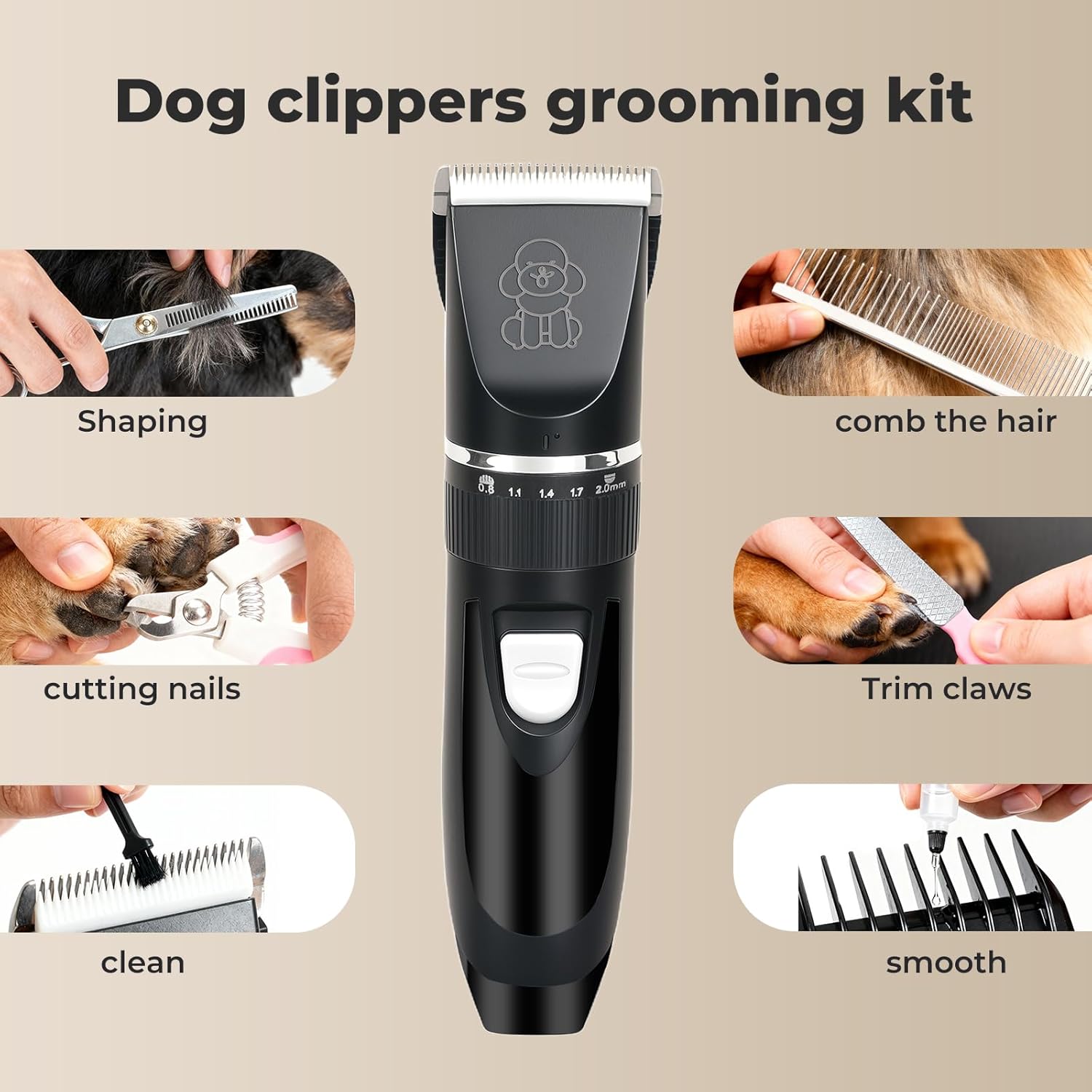 Black pet grooming clipper shown in the center of a beige promotional graphic titled 'Dog clippers grooming kit.' The layout includes six inset photos demonstrating use: shaping fur, combing, cutting nails, trimming claws, cleaning, and smoothing at Pet Servo
