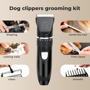 Black pet grooming clipper shown in the center of a beige promotional graphic titled 'Dog clippers grooming kit.' The layout includes six inset photos demonstrating use: shaping fur, combing, cutting nails, trimming claws, cleaning, and smoothing at Pet Servo