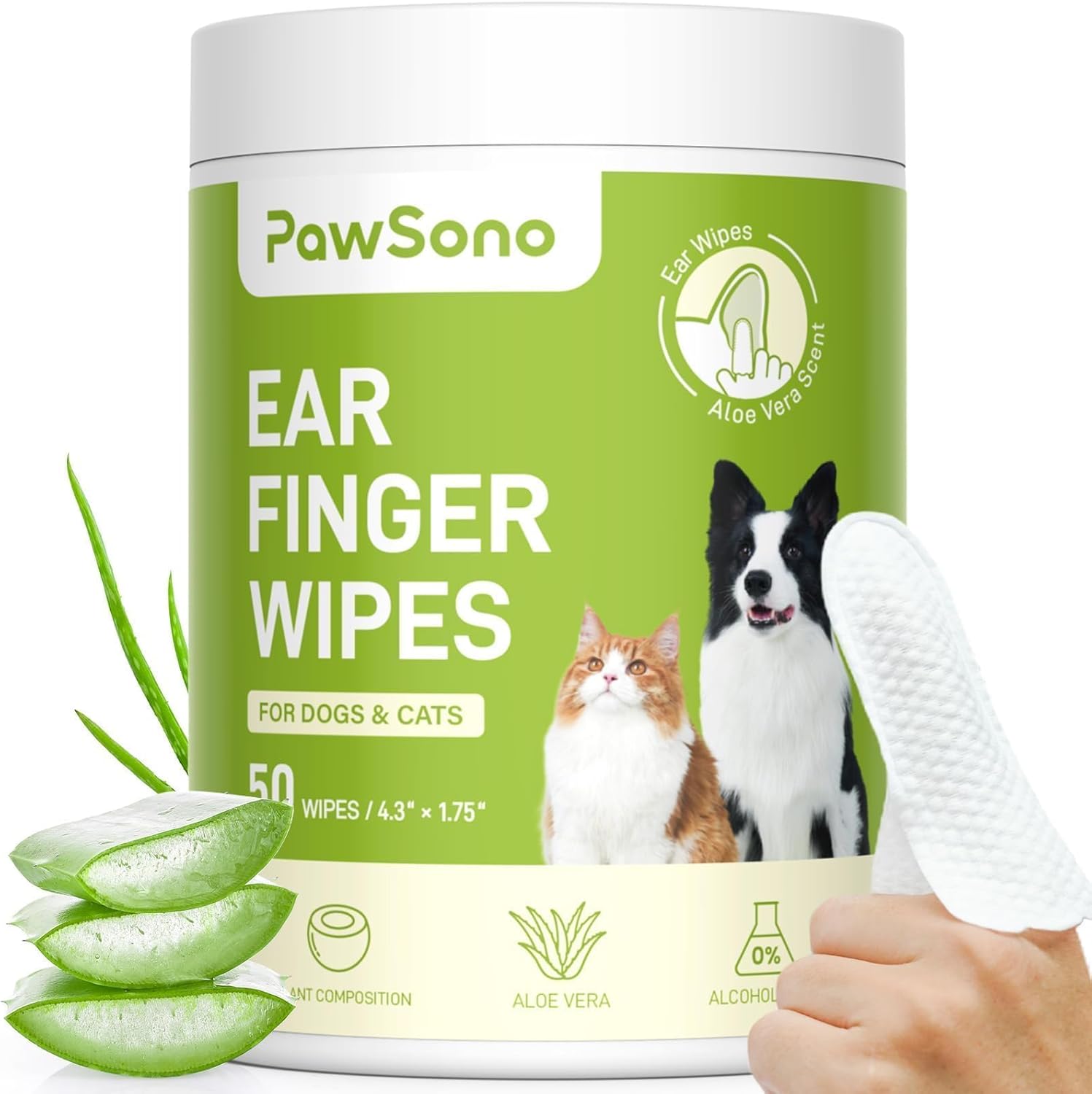 PawSono ear finger wipes for dogs and cats with a hand holding a wipe at Pet Servo