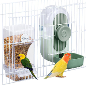 Birdcage with a fan, bird feeder, and two birds inside on a white background at Pet Servo
