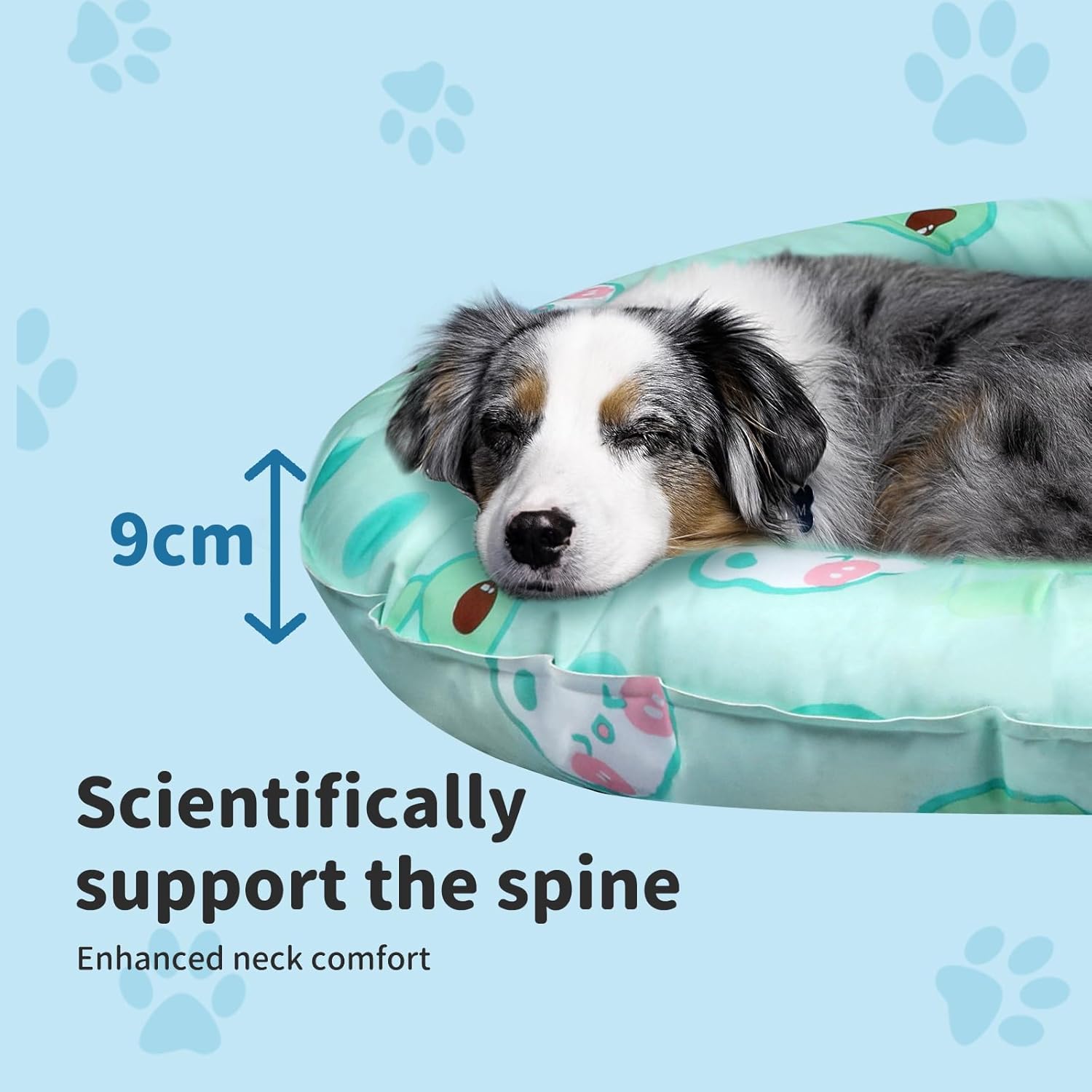 Dog lying on a neck support pillow with text highlighting scientific spine support at Pet Servo