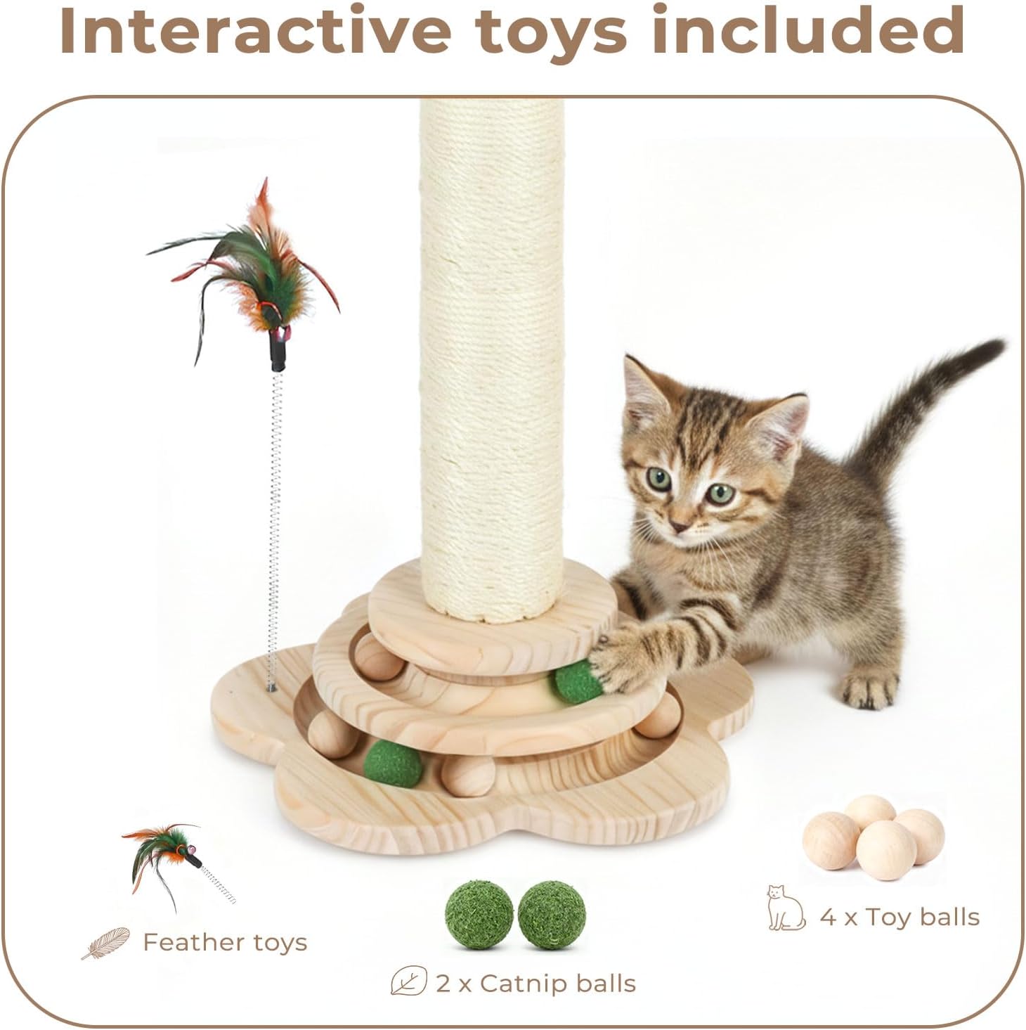 Cat playing with a wooden scratching post and toy set on a light background at Pet Servo