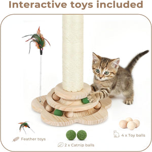 Cat playing with a wooden scratching post and toy set on a light background at Pet Servo